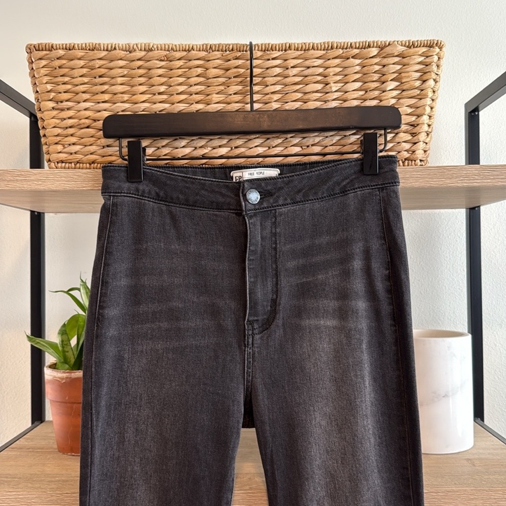 Free People High-Rise Washed Black Raw Hem Bell Bottom Extreme Flare Jeans, 27 - Picture 2 of 8